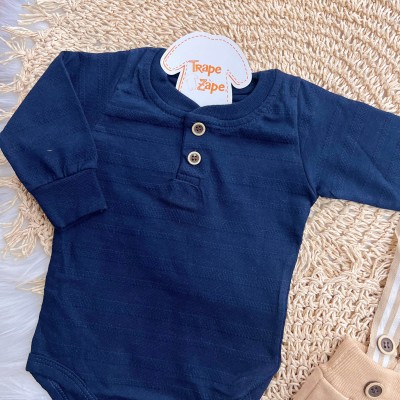 Conj. Body Manga Longa e Calça Saruel com Suspensório - Marinho